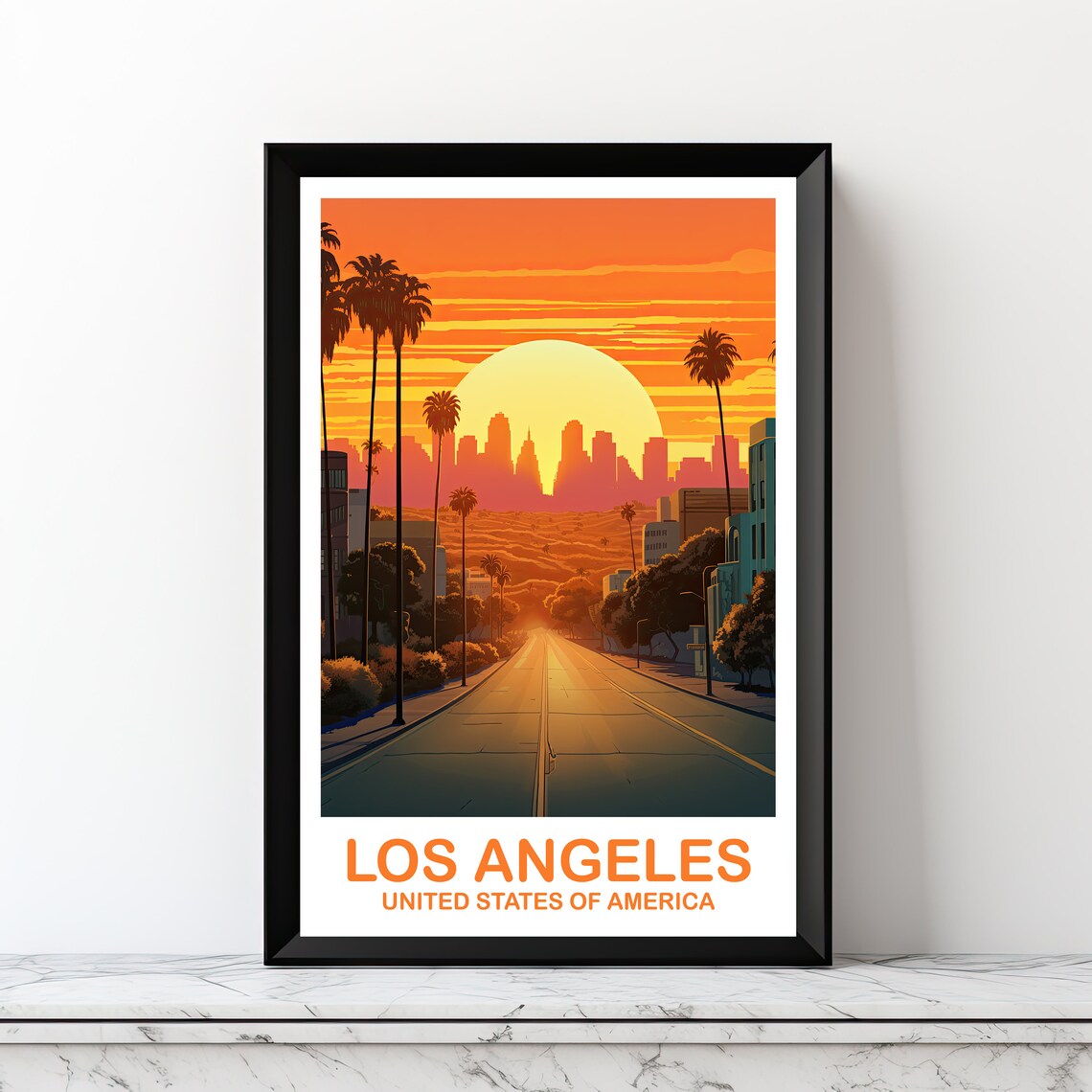 Los Angeles Sunset City Street Palm Trees Skyline Travel Art Poster