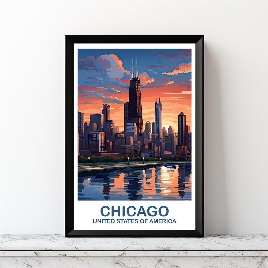 Chicago USA Sunset Skyline Lakefront Evening Travel Art Poster