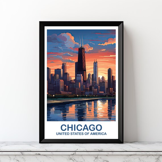 Chicago USA Sunset Skyline Lakefront Evening Travel Art Poster