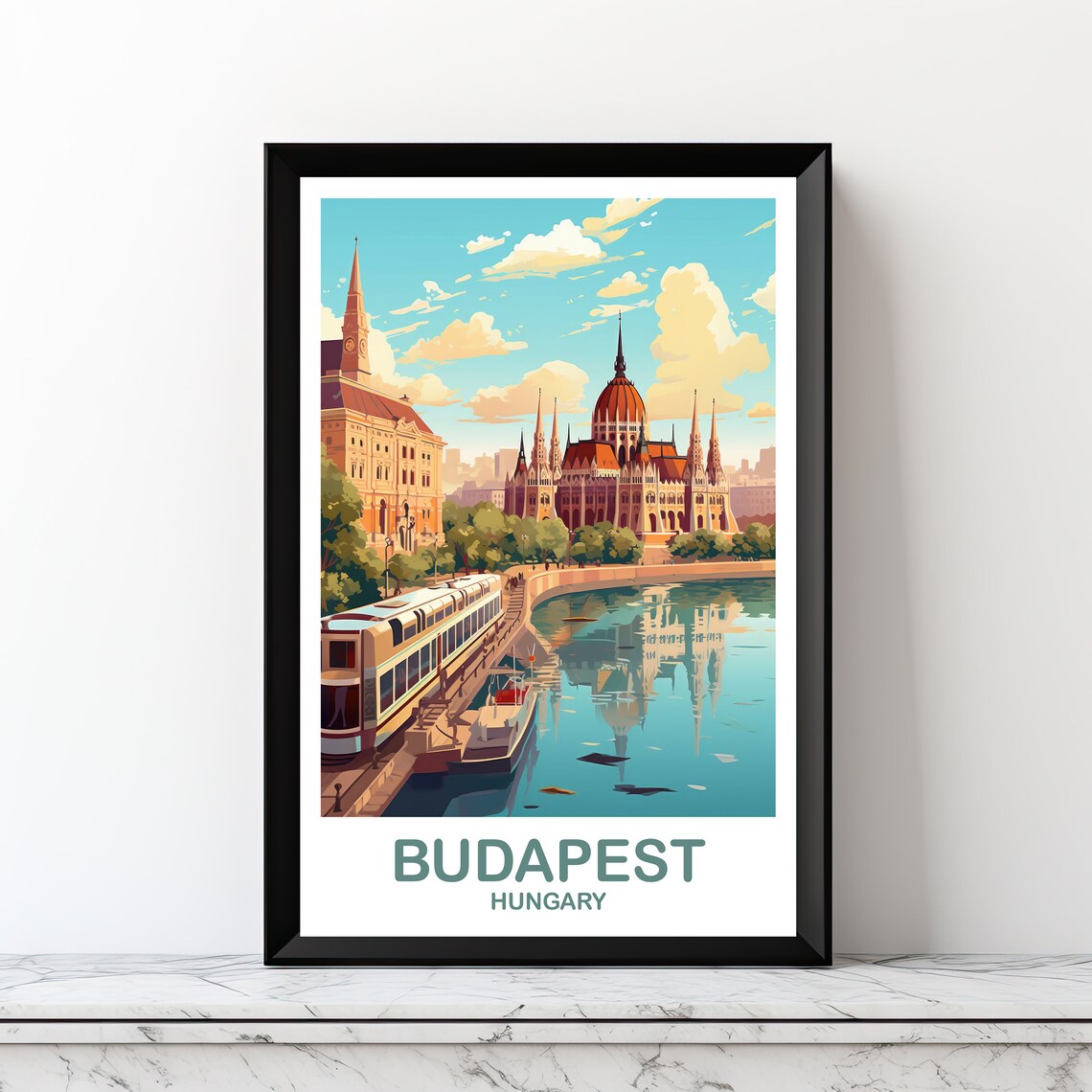 Budapest Travel Poster, City Skyline Sunset