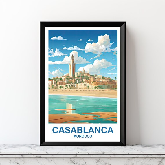 Casablanca Morocco Beachfront Old Town Minaret Travel Art Poster