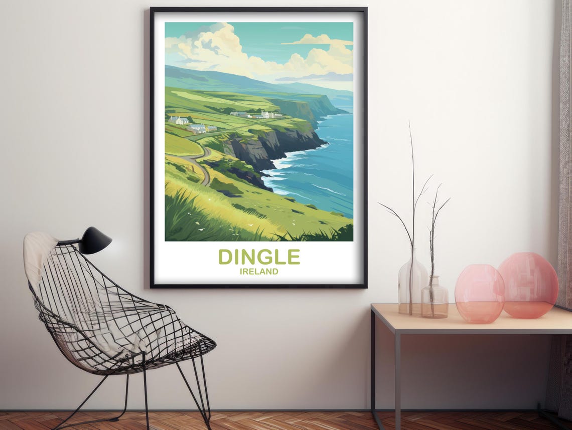 Dingle Ireland Travel Poster Green Cliffs Coast Retro Emerald Isle Art