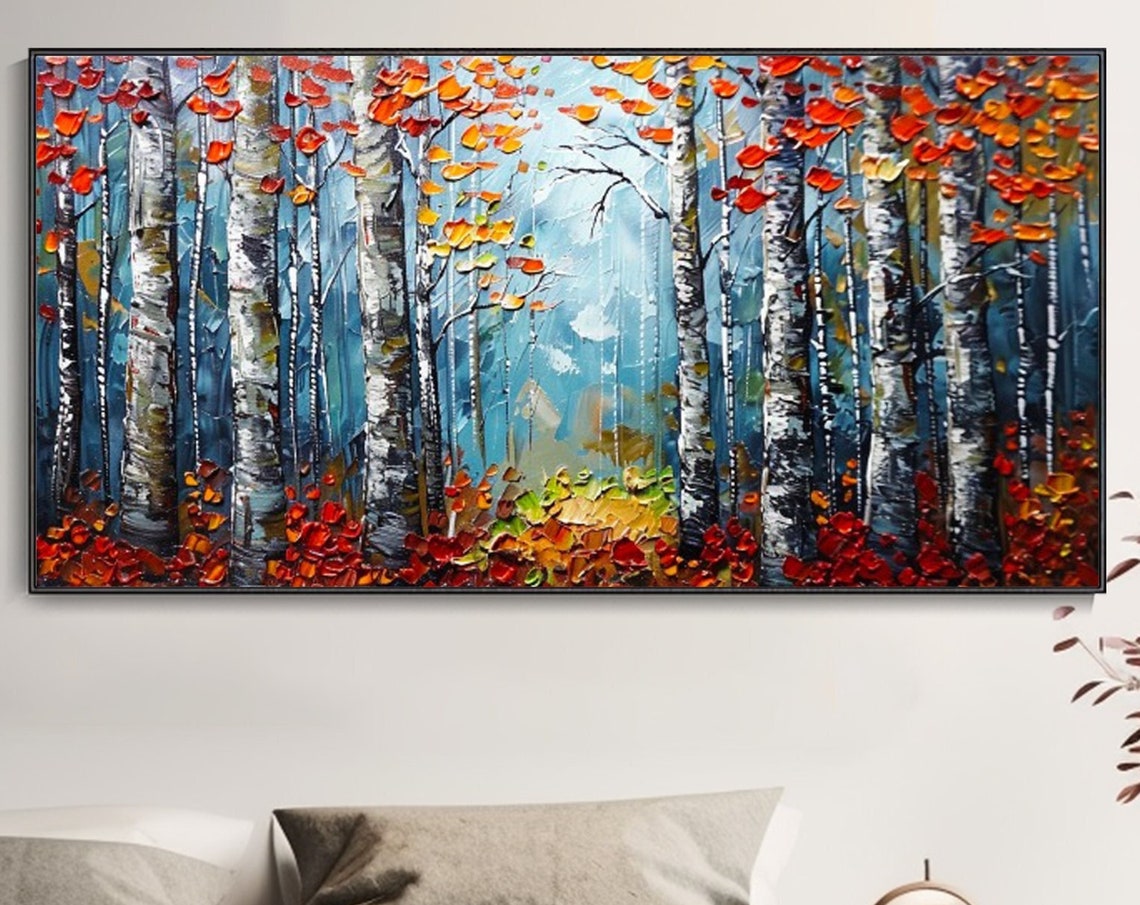 Autumn Birch Forest With Red Orange Leaves Fall Landscape Art Poster