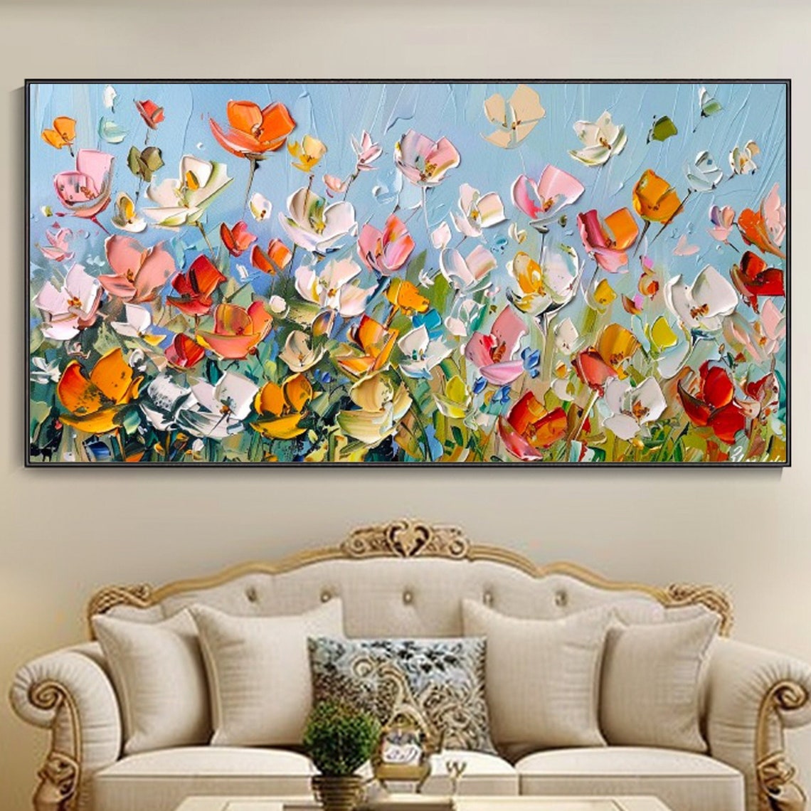 Colorful Wildflower Meadow Bright Blue Sky Spring Garden Art Poster