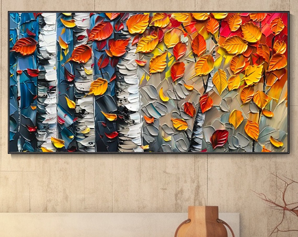White Birch Trees With Red Orange Autumn Leaves Fall Art Poster