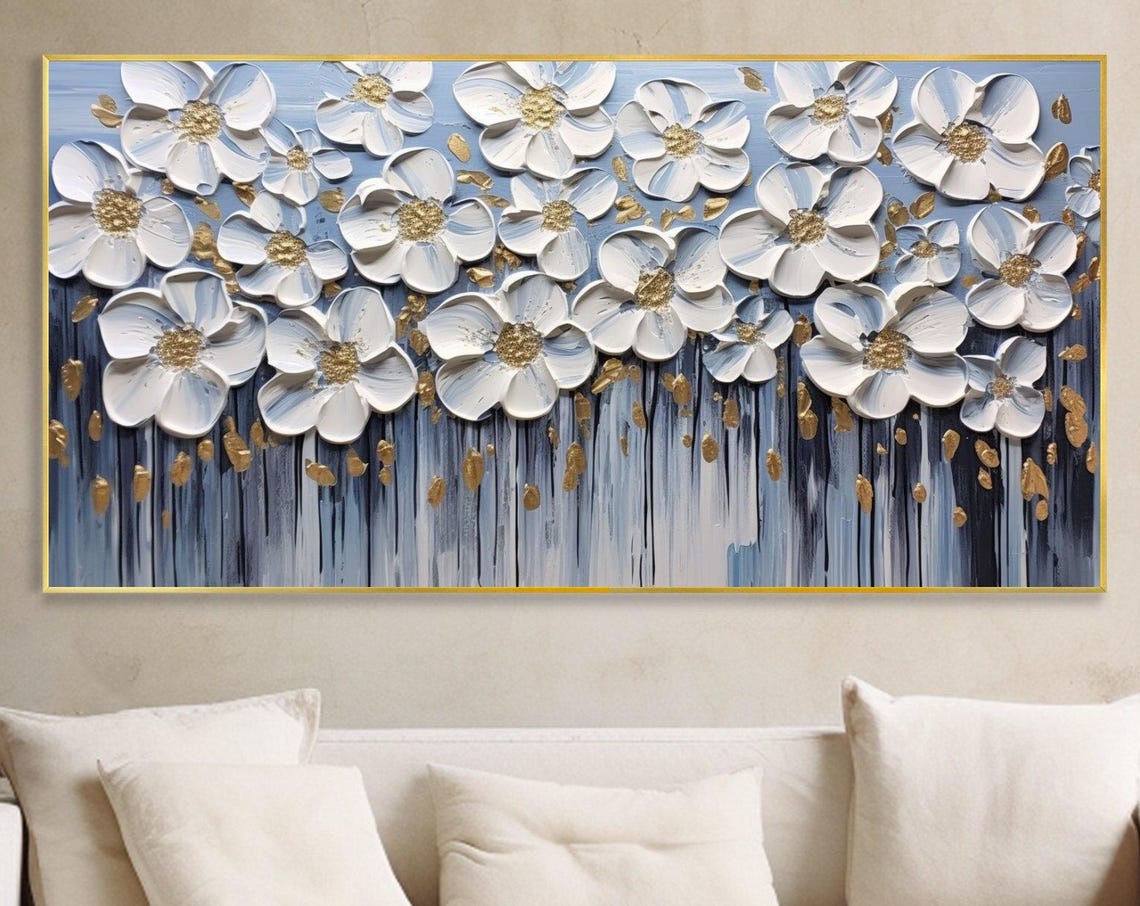 White Flowers Gold Stamens Deep Blue Luxe Floral Oil Painting Wall Art