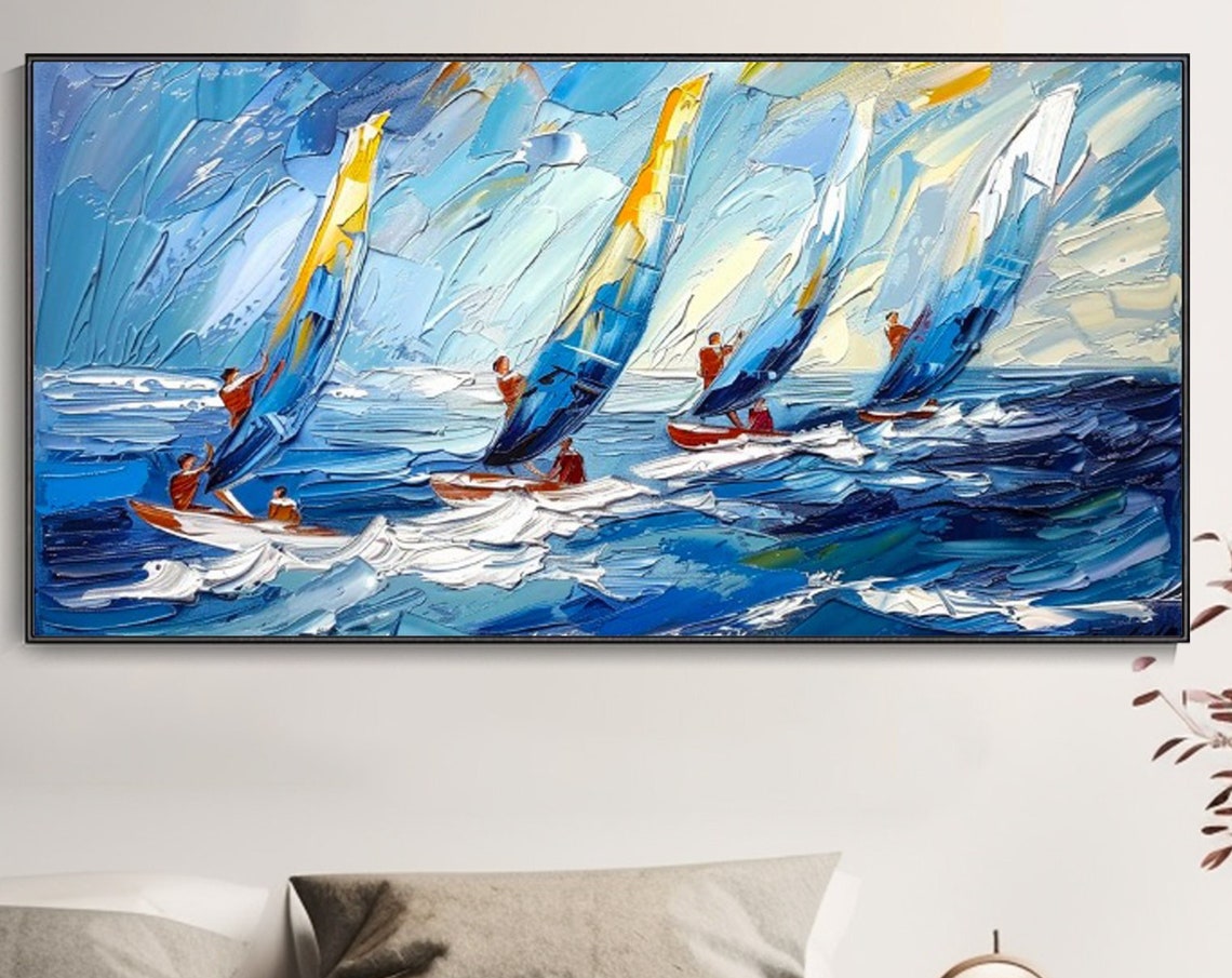 Windsurfers Riding Blue Ocean Waves Colorful Sails Seascape Art Poster