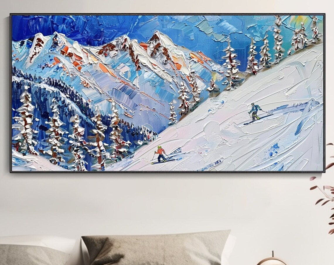 Snowy Mountain Skiing Oil Painting, Winter Landscape