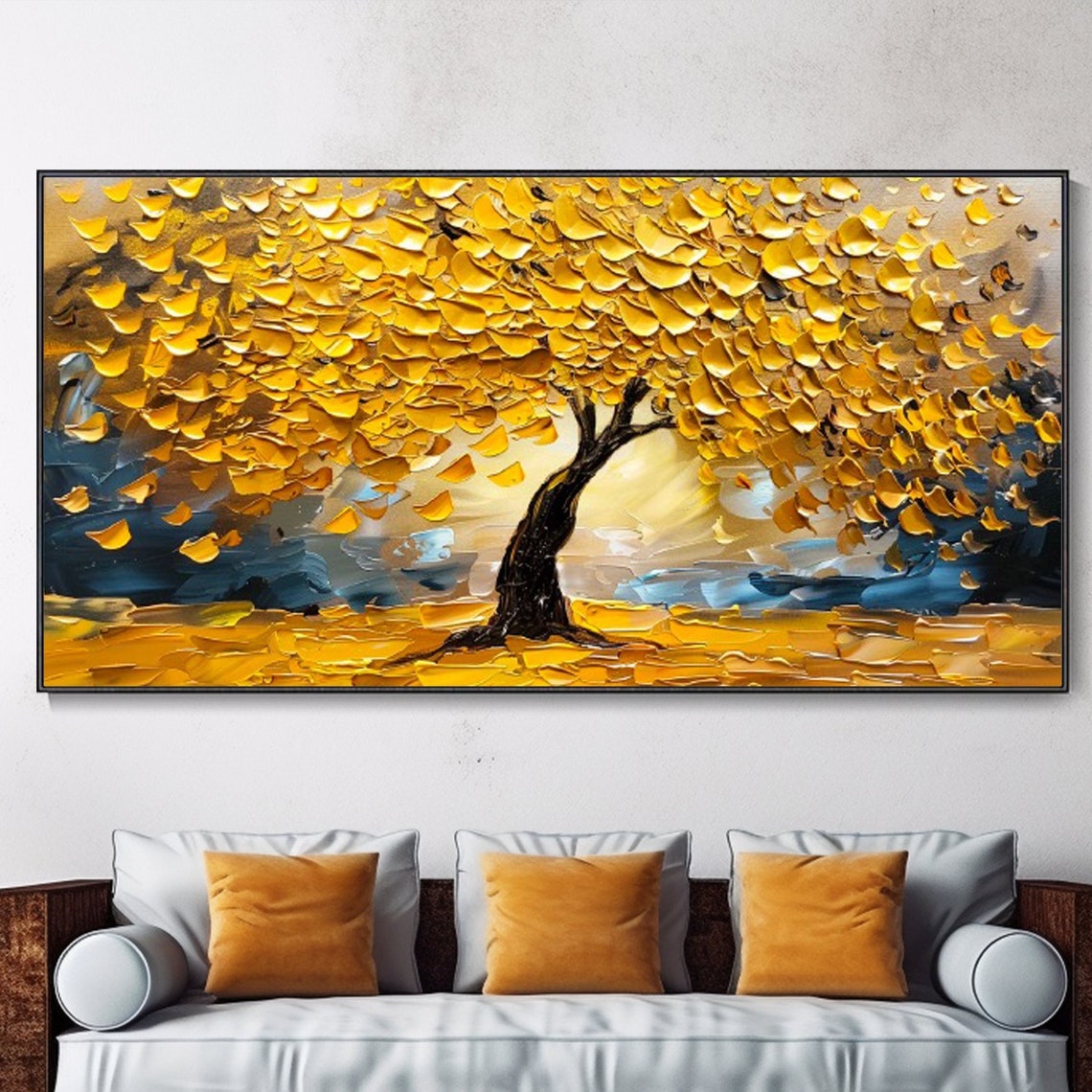 Golden Tree With Yellow Leaves Textured Autumn Oil Art Poster
