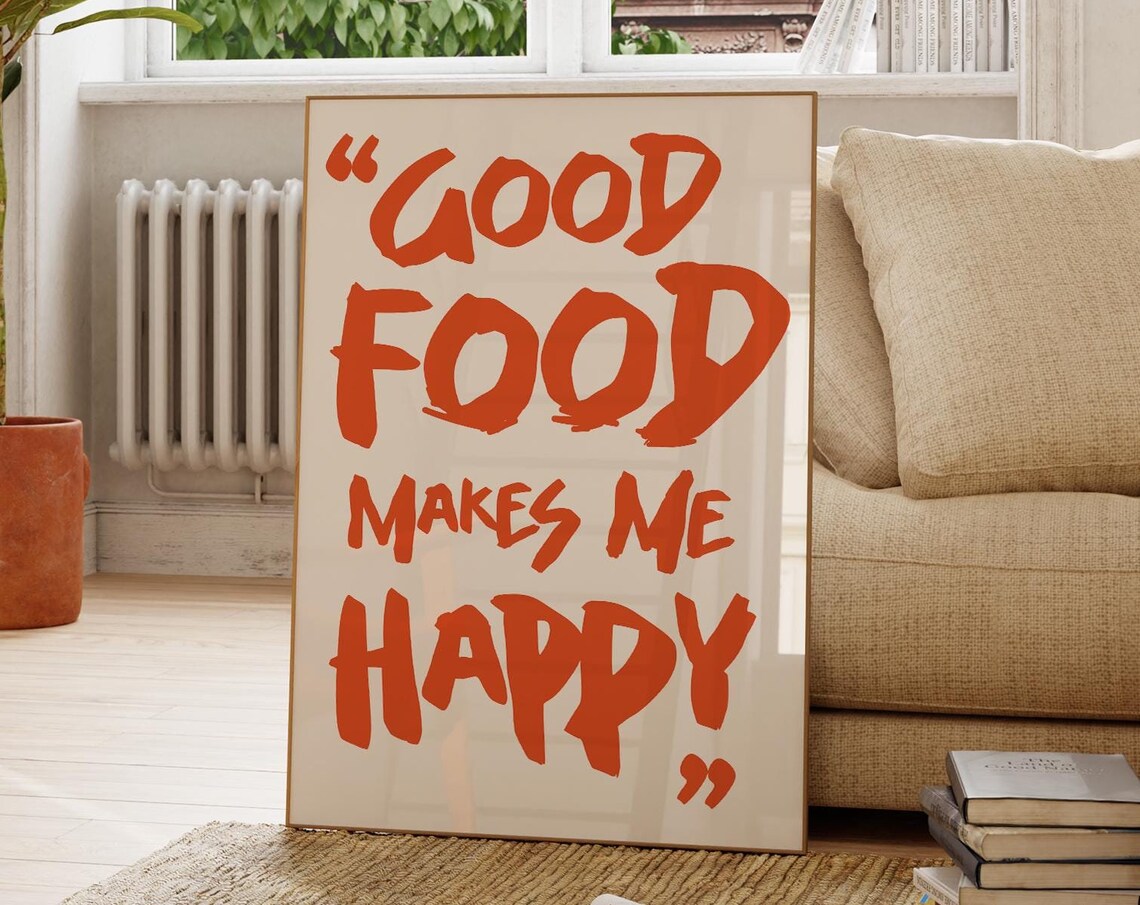 Good Food Makes Me Happy Bold Orange Typography Kitchen Quote Poster - Image 2