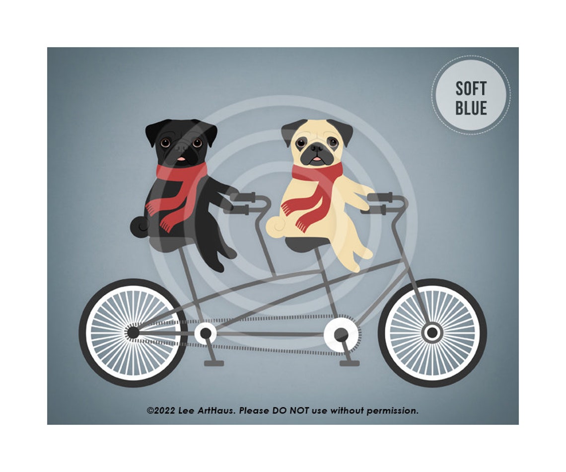 Two Pugs Riding Red Tandem Bicycle Red Scarves Vintage Dog Poster - Image 2