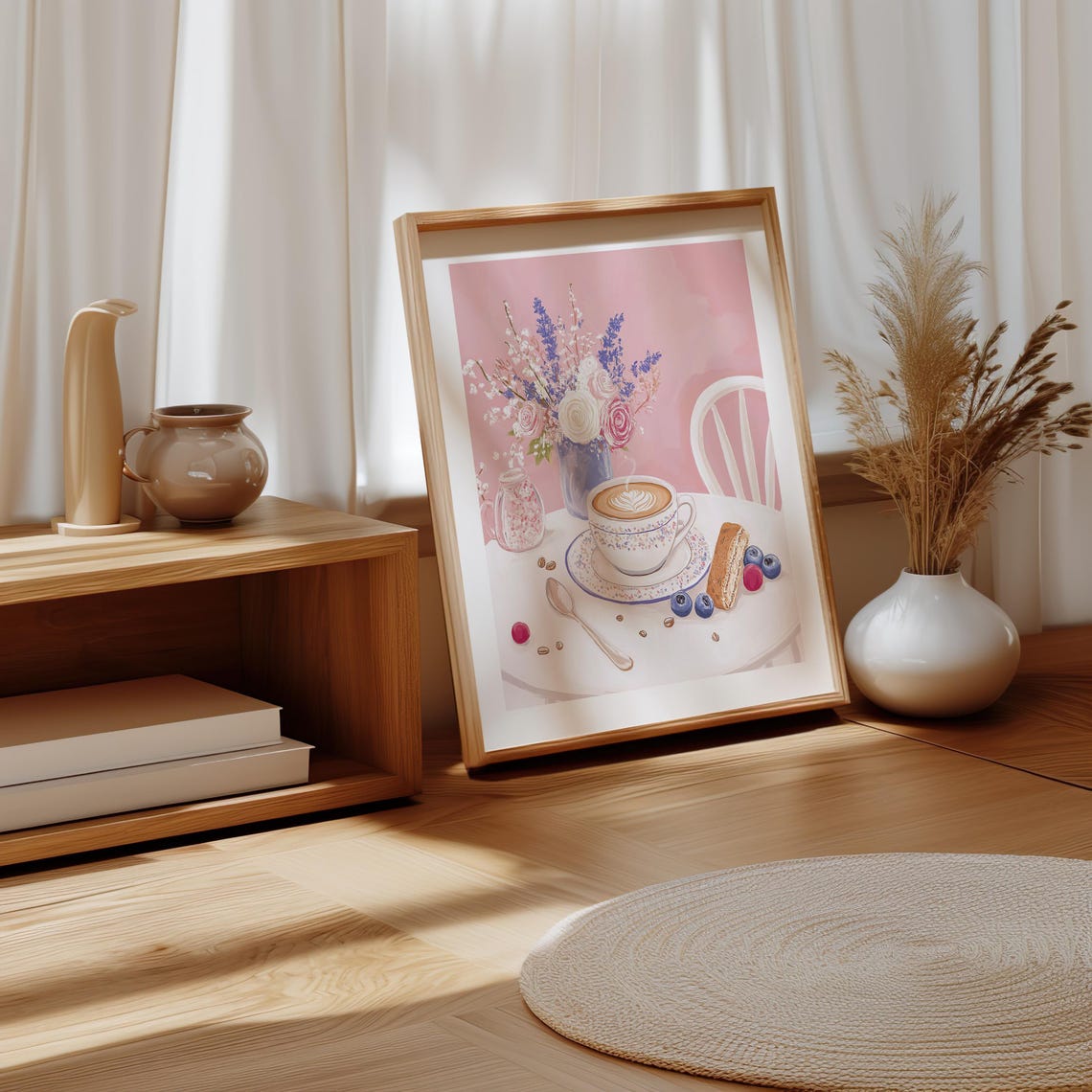 Latte Art Cup with Biscotti and Flowers Soft Pink Coffee Poster - Image 5