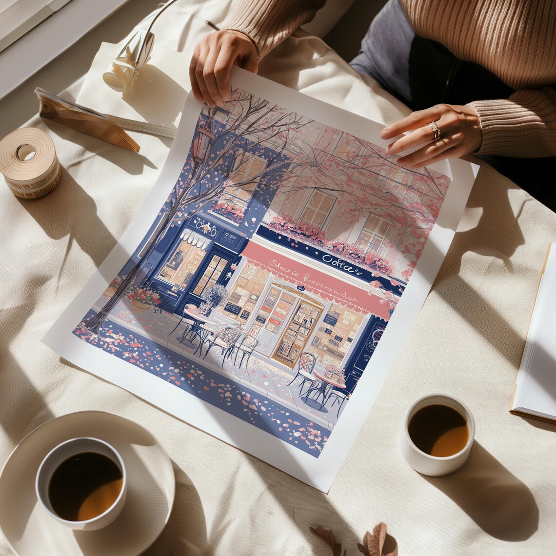 Coffee and Bookshop Row in a Spring Blossom Street Art Poster - Image 3