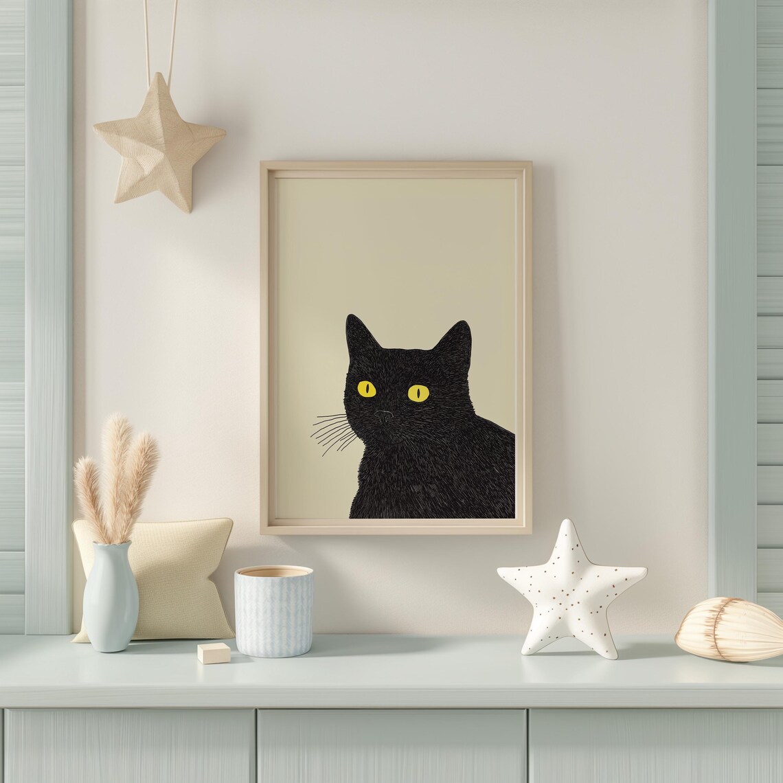 Black Cat Face With Bright Yellow Eyes Minimal Cream Art Poster - Image 2