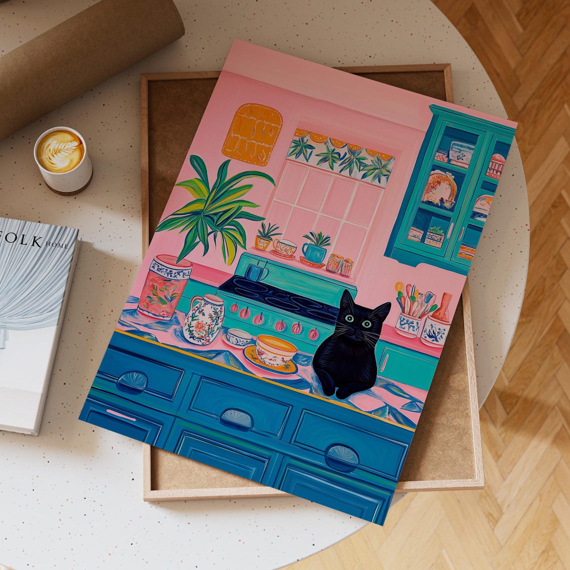 Black Cat Relaxing in a Cheerful Pink and Teal Kitchen Art Poster - Image 6