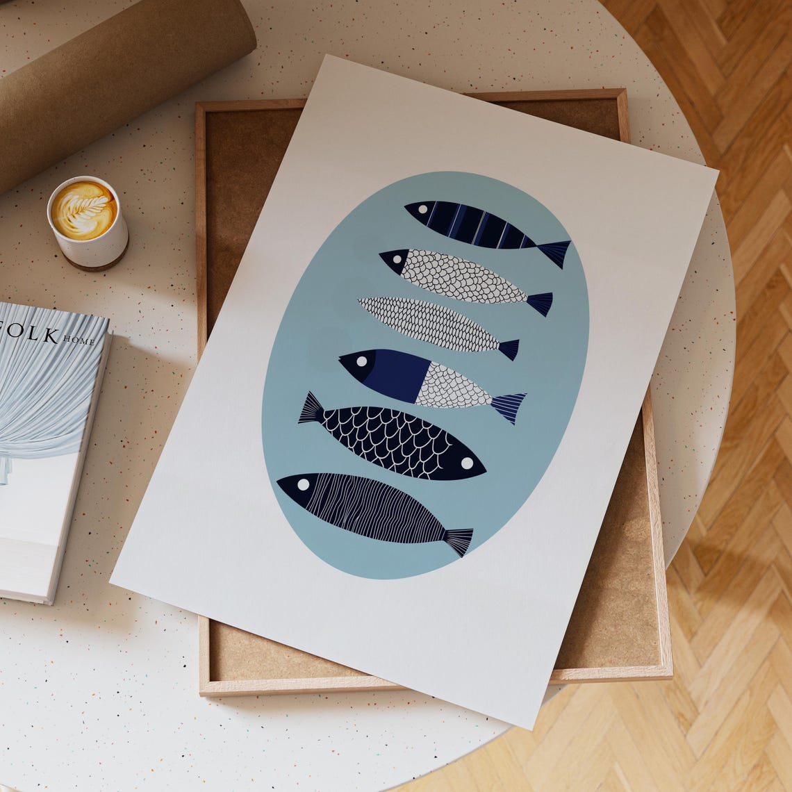 Six Patterned Navy Fish In An Oval On Light Blue Background Poster - Image 2