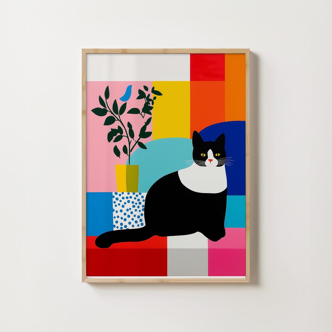 Black and White Cat Against Colorful Geometric Blocks Art Print - Image 2