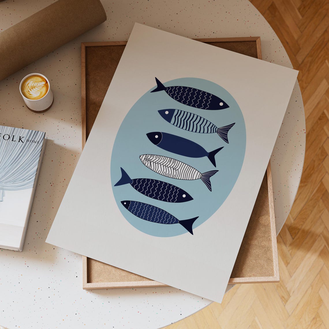 Six Navy Patterned Fish Arranged In A Blue Oval On White Poster - Image 6