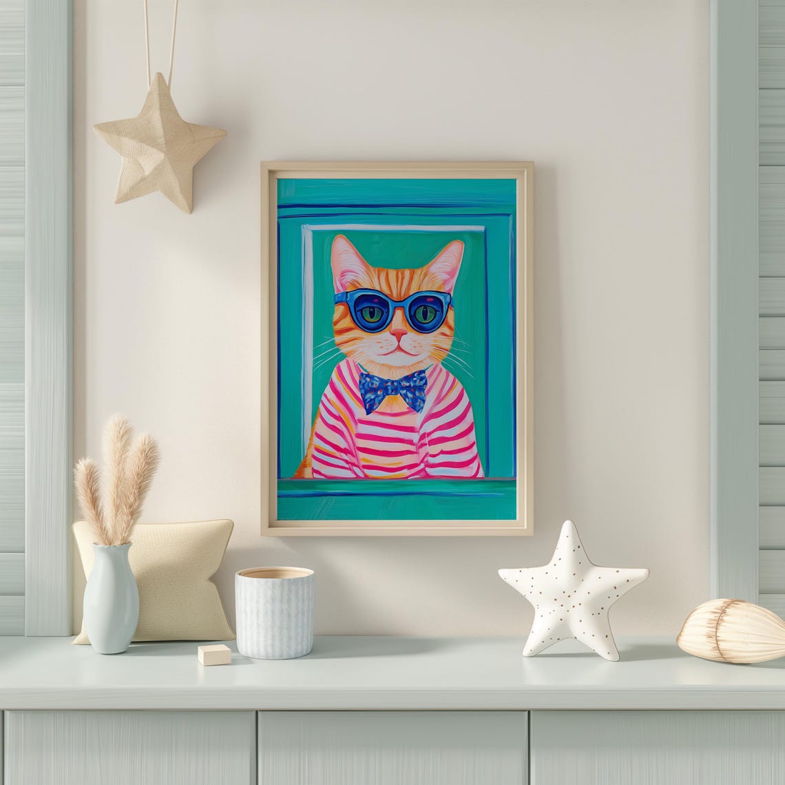 Orange Cat In Blue Sunglasses And Striped Shirt Fun Art Poster - Image 4