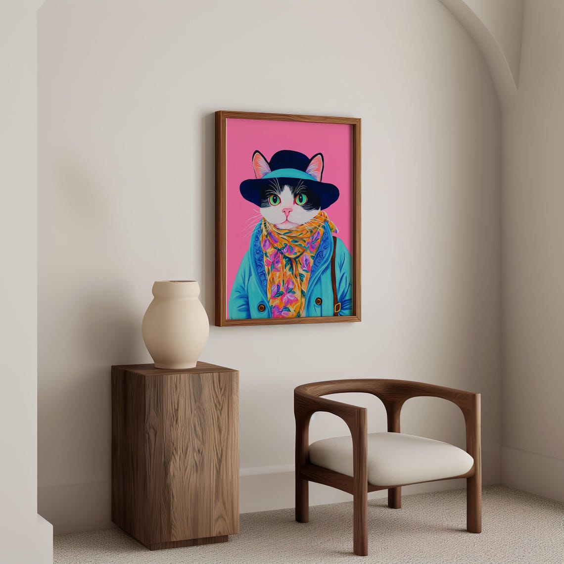 Dapper Cat Portrait In Hat Coat And Floral Scarf On Pink Poster - Image 5