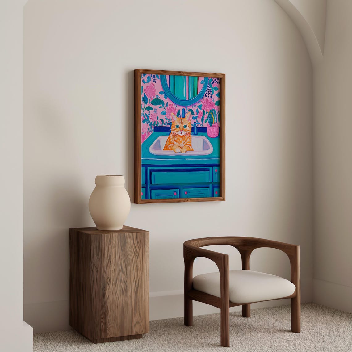 Cheerful Orange Tabby Cat Sitting in a Teal Bathroom Sink Poster - Image 6