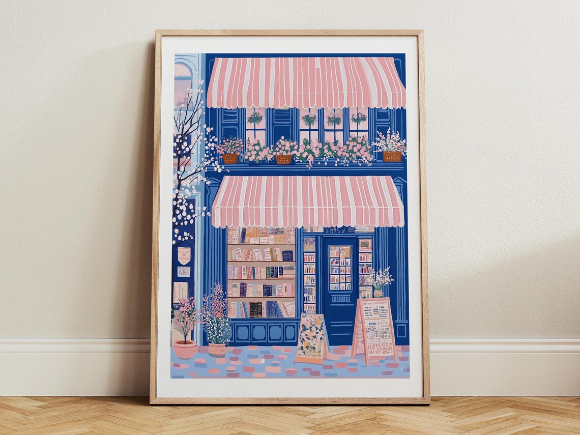 Blue Bookshop With Double Pink Awnings And Blossom Tree Street Poster