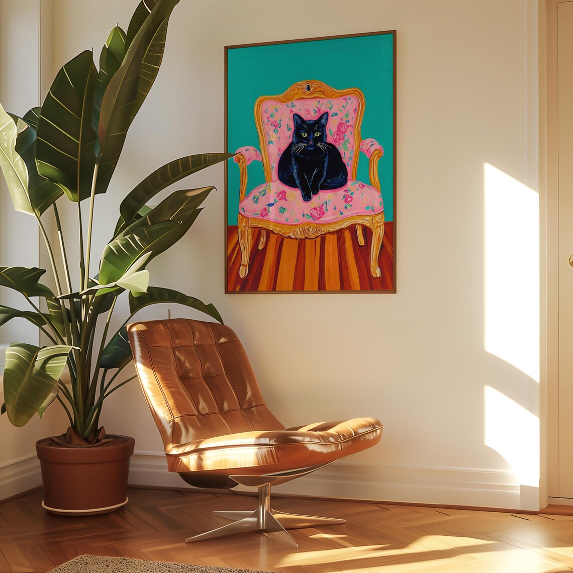 Regal Black Cat Seated on a Pink Floral Armchair Pop Art Poster - Image 6