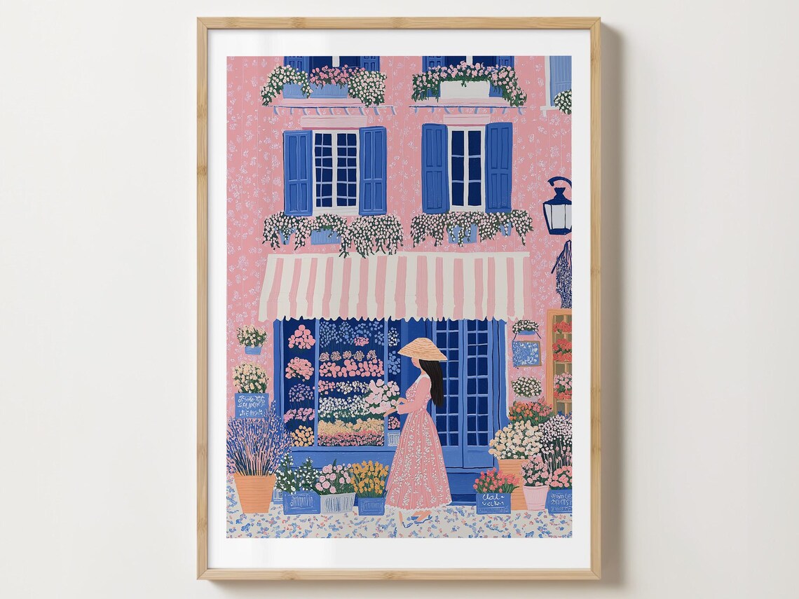 Woman Browsing a Lovely Pink Flower Shop in Springtime Art Poster