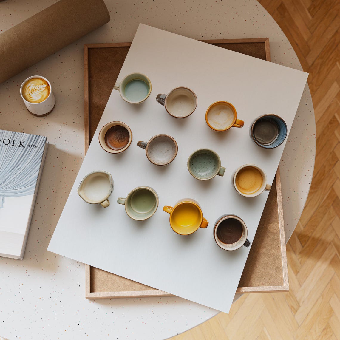 Twelve Empty Ceramic Coffee Mugs Arranged In A Grid On White Poster - Image 5