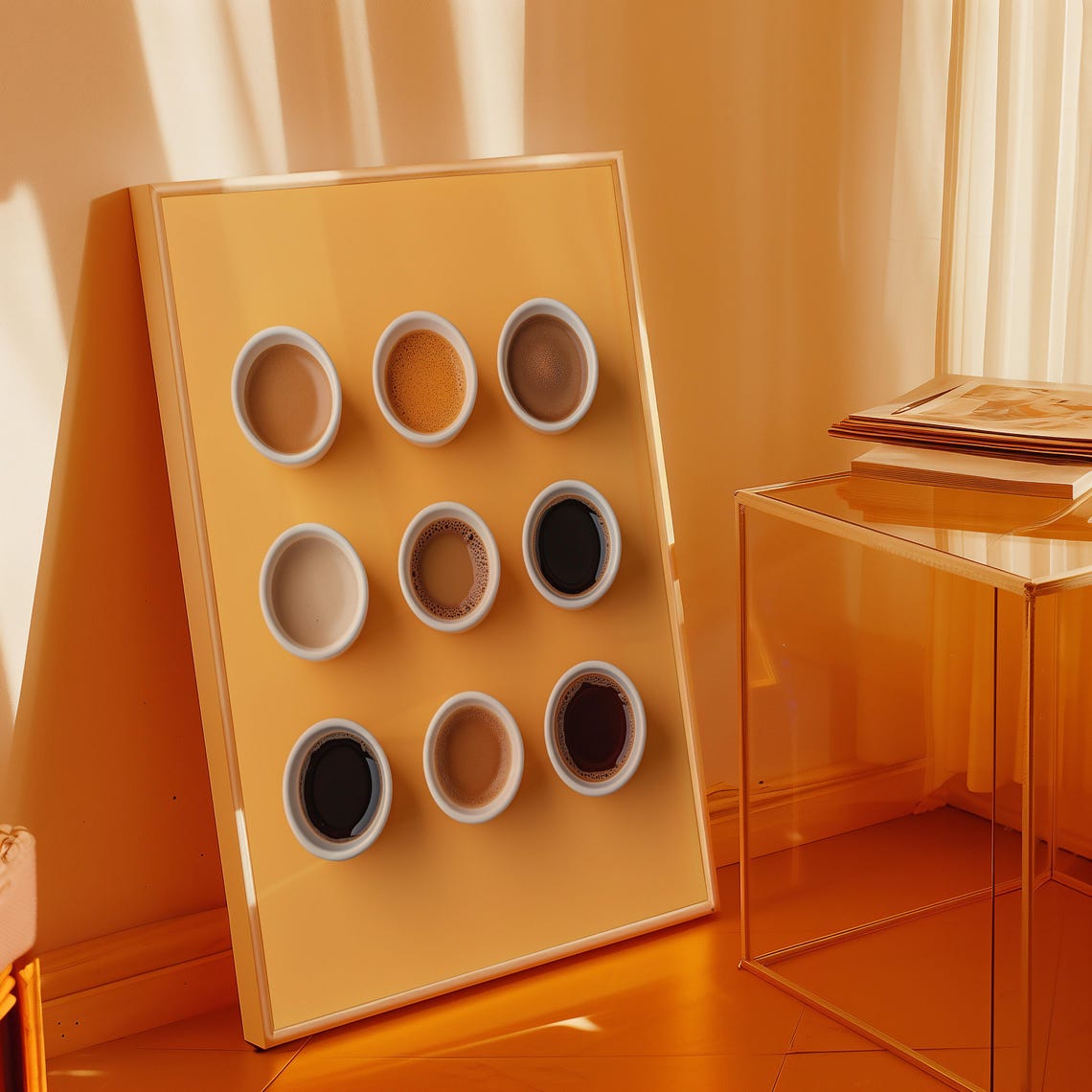 Nine White Coffee Cups In A Grid On Warm Mustard Yellow Poster - Image 3