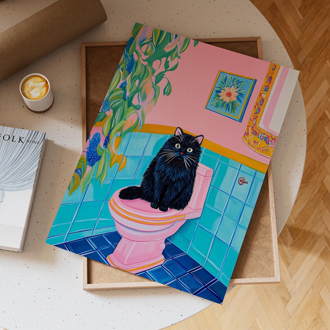 Black Cat On Pink Toilet In A Colorful Retro Pastel Bathroom Poster - Image 5