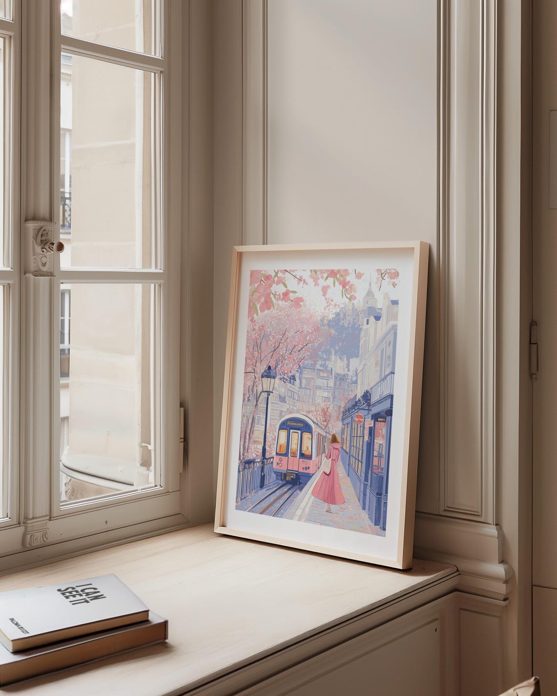 London Train Passing Cherry Blossoms in Spring Travel Poster - Image 2