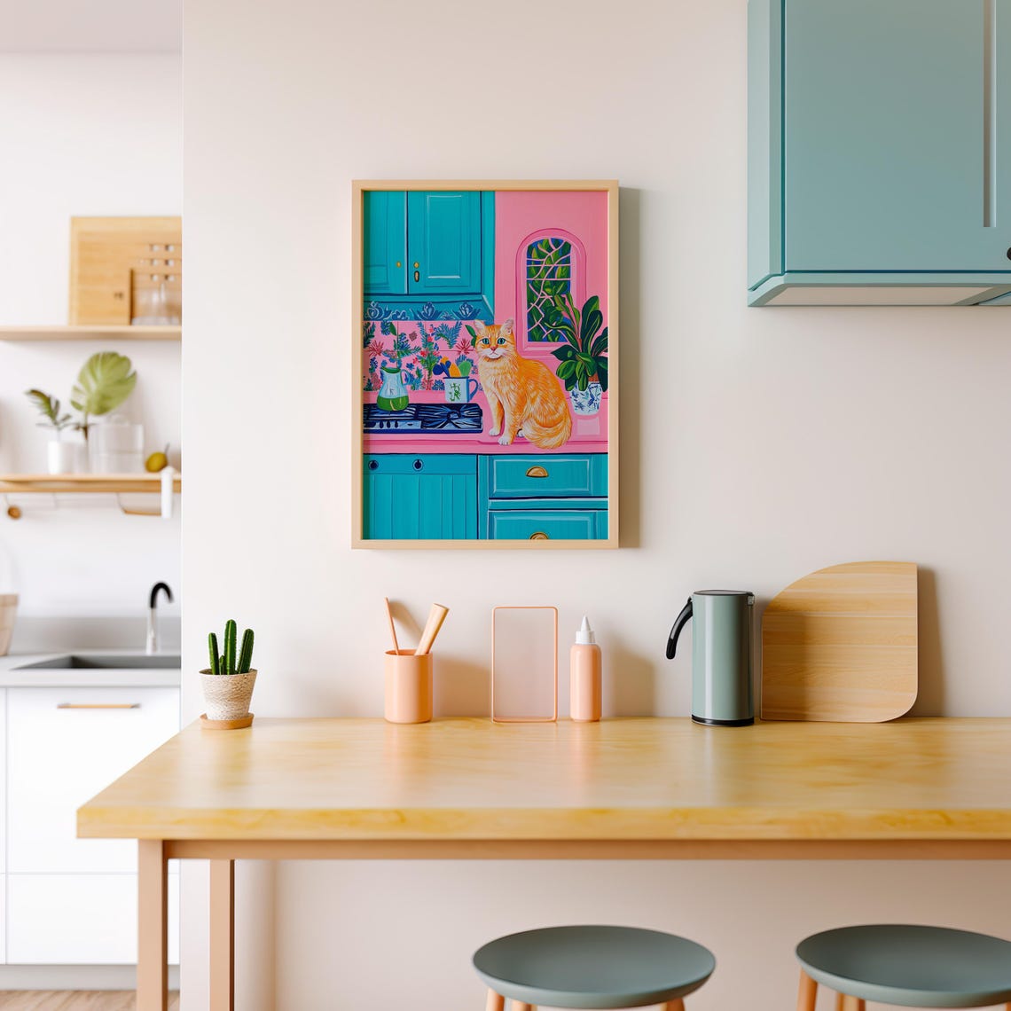 Orange Cat Sitting On A Pink Kitchen Counter With Teal Cabinets Poster - Image 3