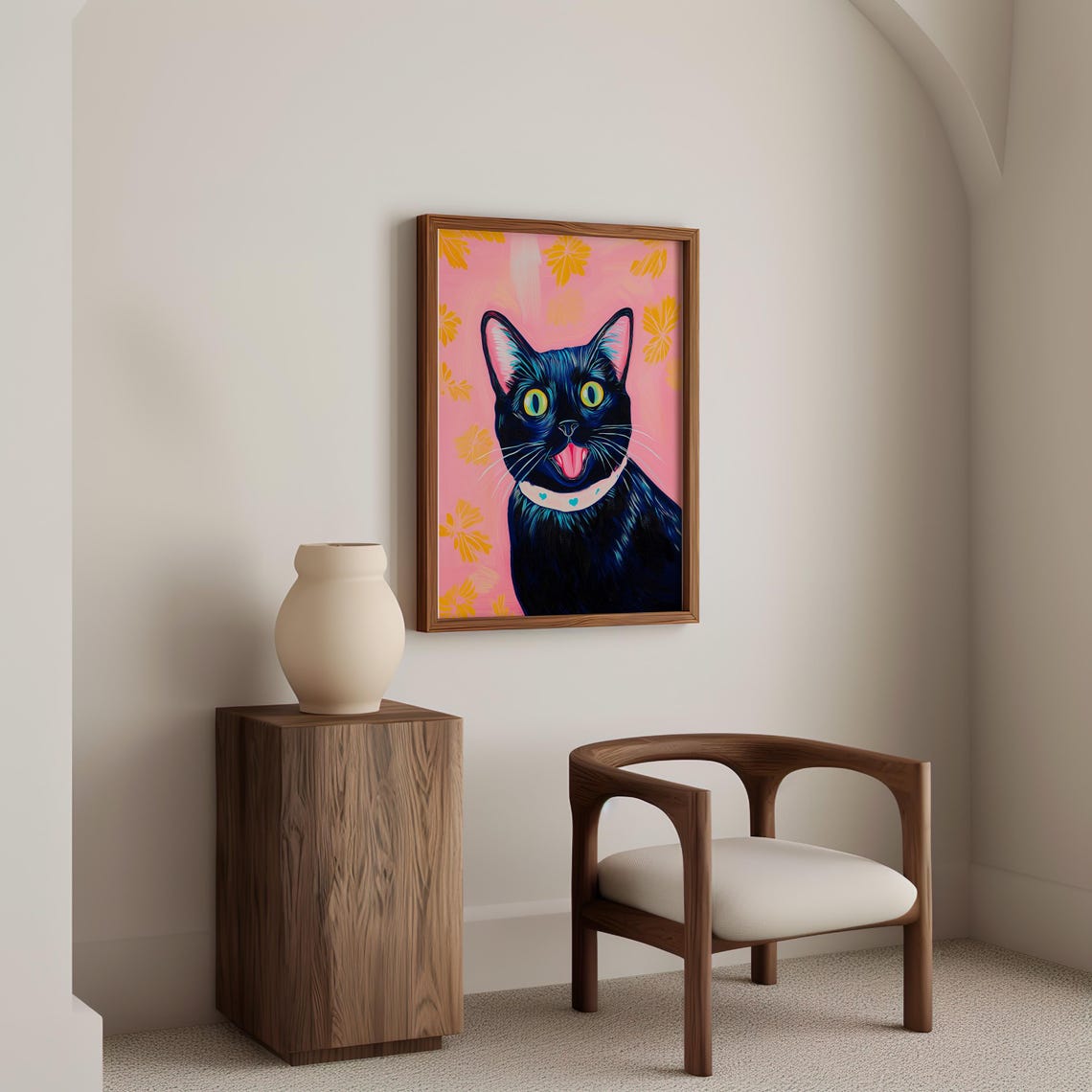 Happy Black Cat With Tongue Out on a Pink Floral Background Poster - Image 5