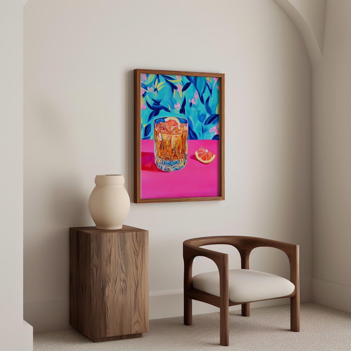 Negroni Cocktail In Crystal Glass With Grapefruit On Pink Art Poster - Image 4