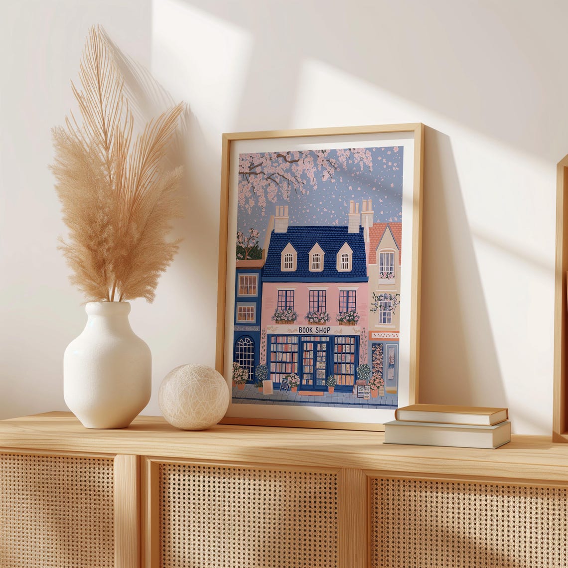 Pink And Blue Corner Bookshop Under Cherry Blossom Branches Poster - Image 3