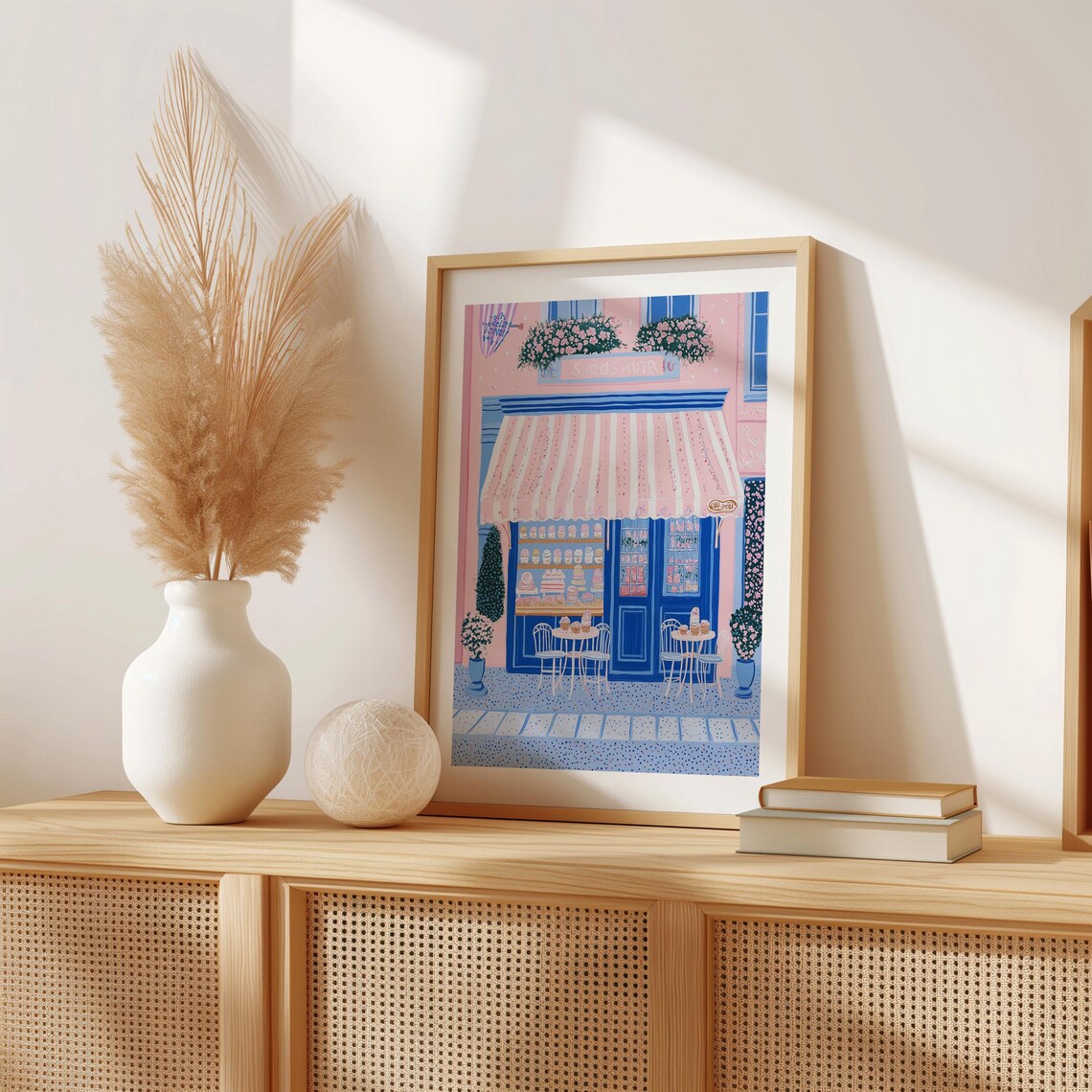 Pink Patisserie Storefront with a Pretty Striped Awning Art Poster - Image 2