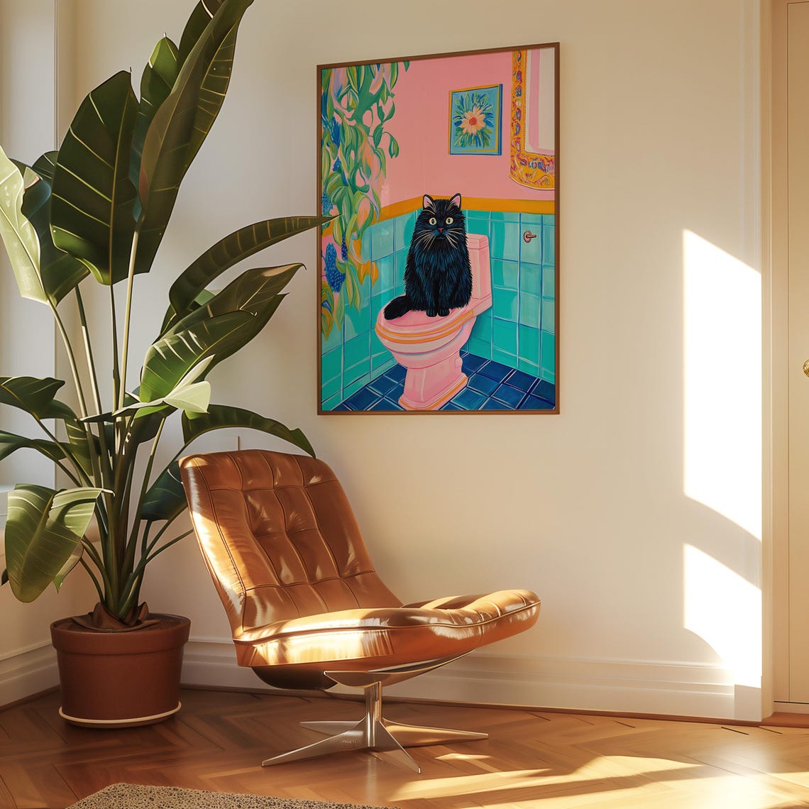 Black Cat On Pink Toilet In A Colorful Retro Pastel Bathroom Poster - Image 3
