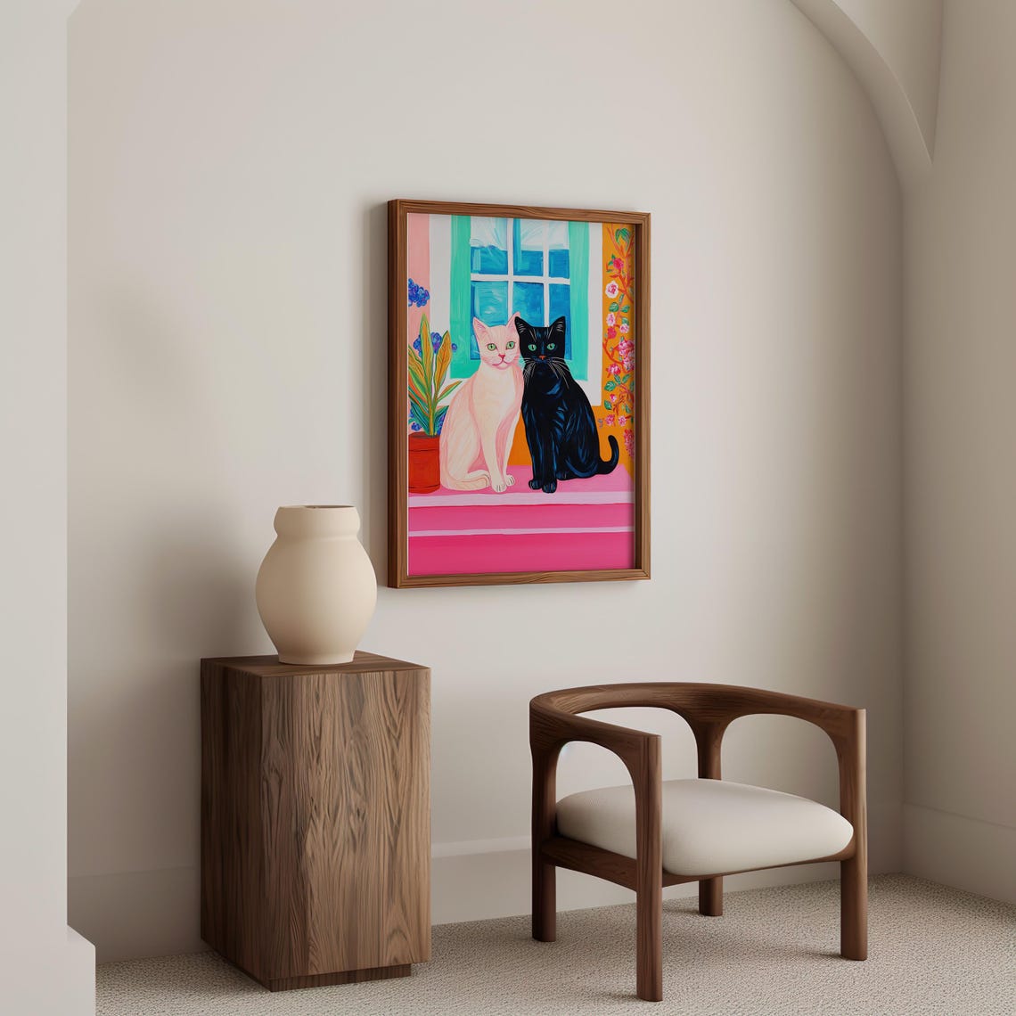 Black and White Cat Pair by a Pink Windowsill Painting Poster - Image 2