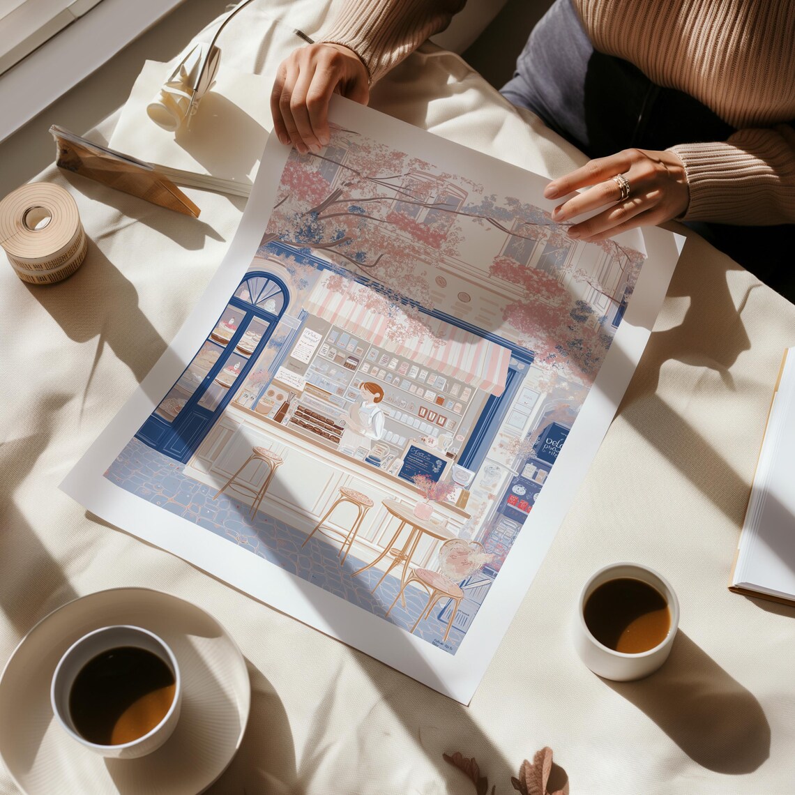 Pastry Counter with a Barista in Spring Bloom Cafe Art Poster - Image 3