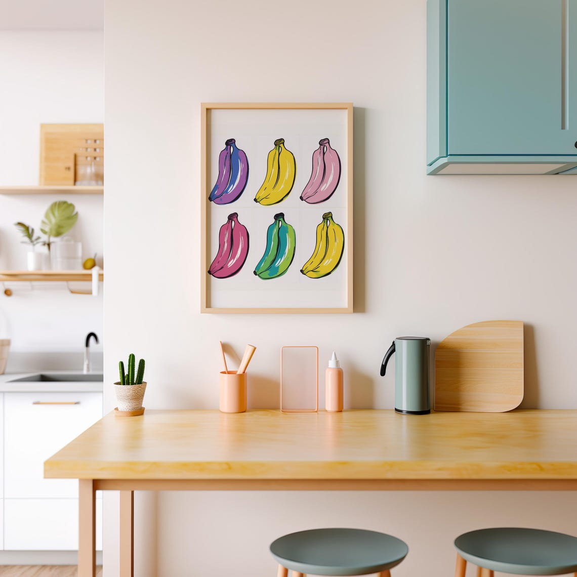 Six Pop Art Bananas in Bold Colors on a White Grid Design Wall Art - Image 5