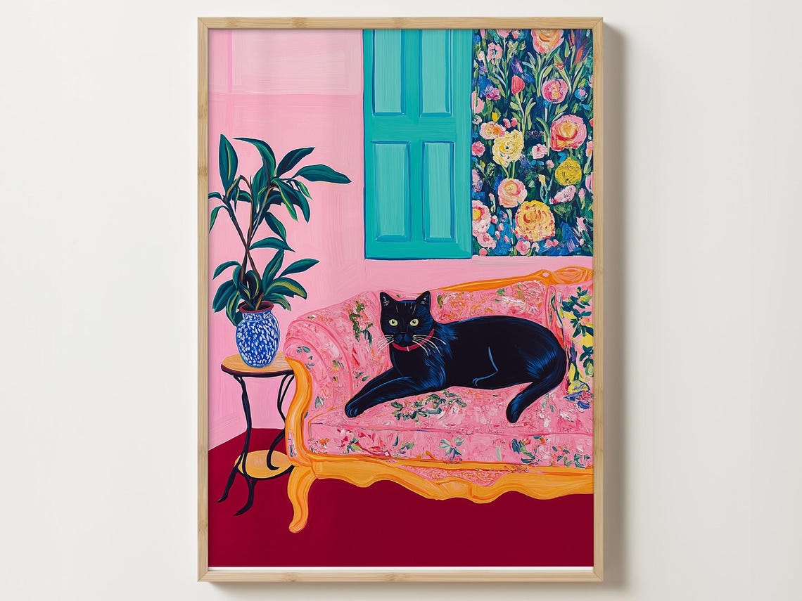 Black Cat Lounging on a Pink Floral Sofa in Pop Art Style Poster