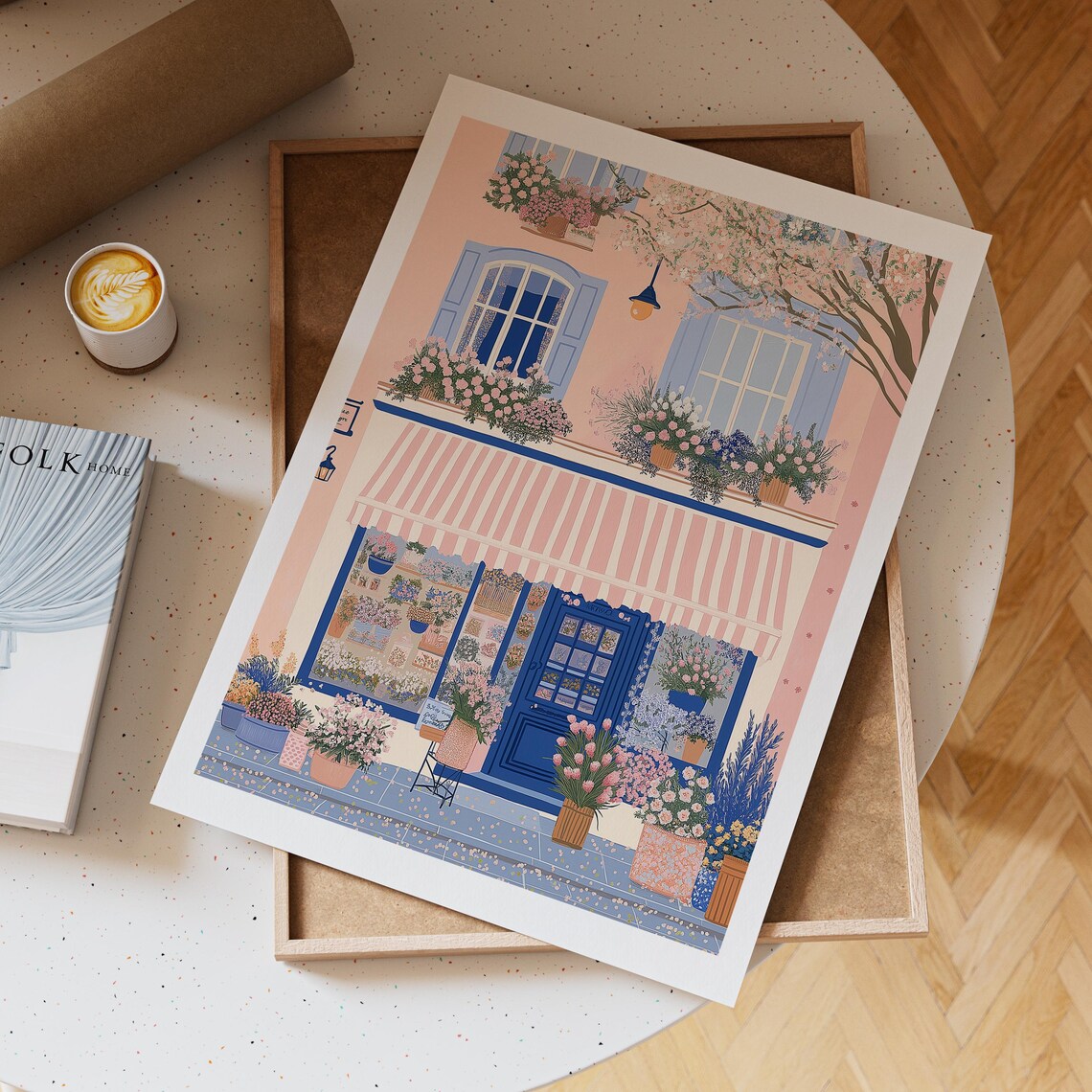 Parisian Flower Shop Facade With Blue Door and Striped Awning Print - Image 6