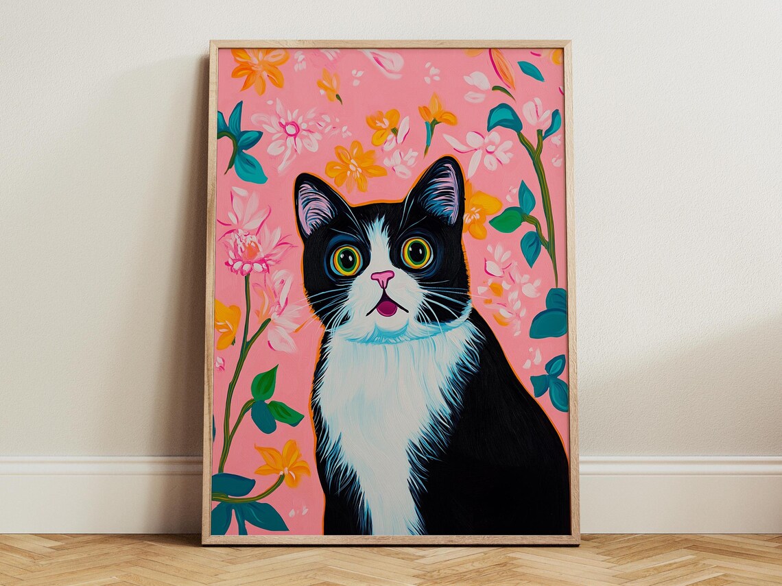 Surprised Black and White Tuxedo Cat Face on Pink Floral Poster
