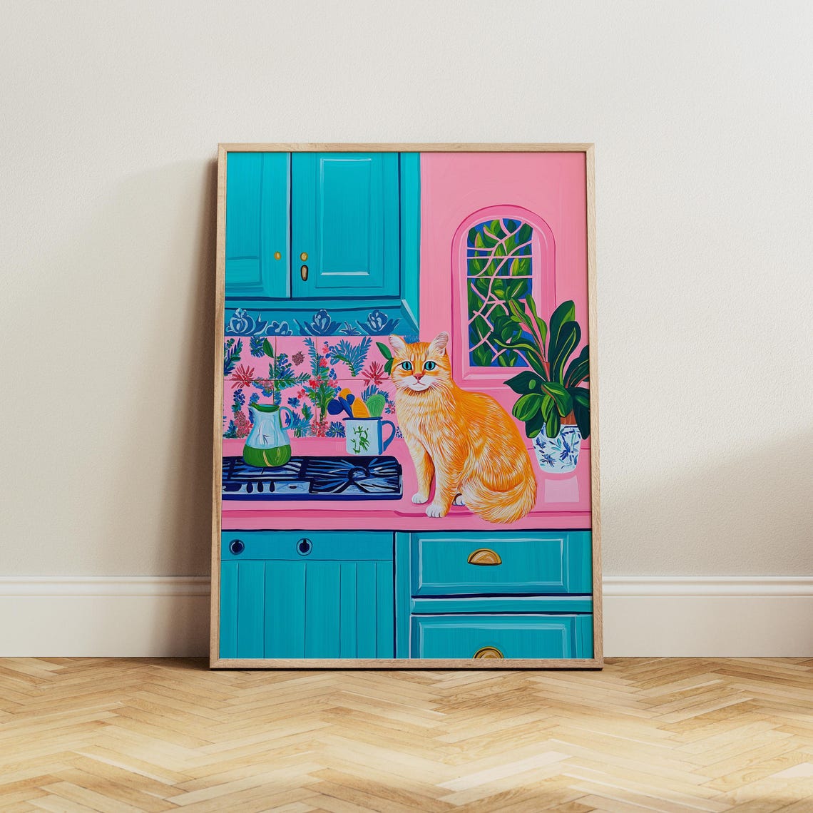 Orange Cat Sitting On A Pink Kitchen Counter With Teal Cabinets Poster