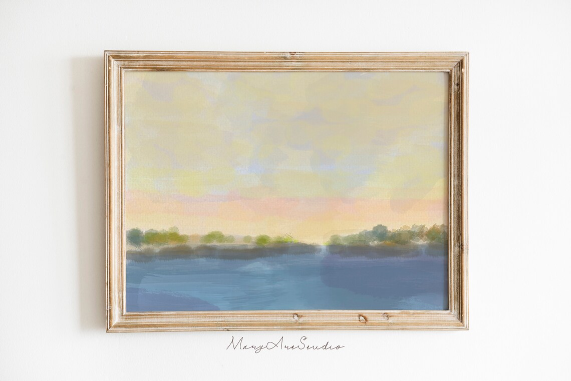Neutral Lake Watercolor Art Print, Nature Landscape