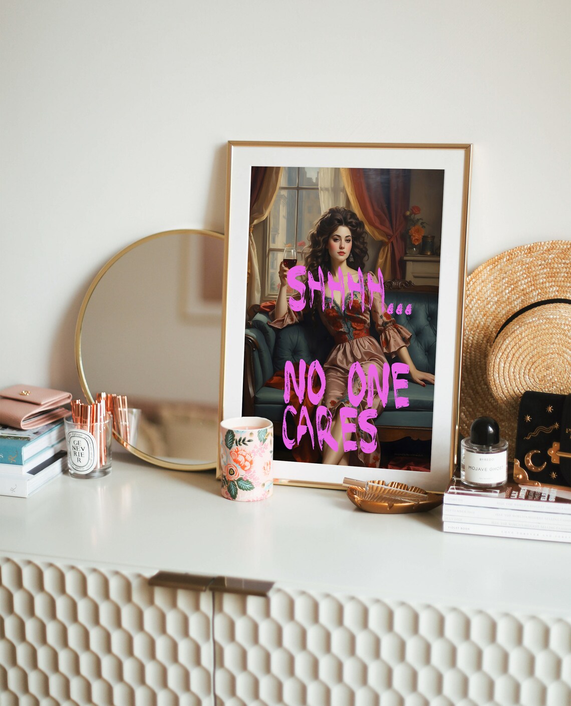 Shhh No One Cares Funny Vintage Woman Wine Pink Graffiti Wall Poster - Image 2