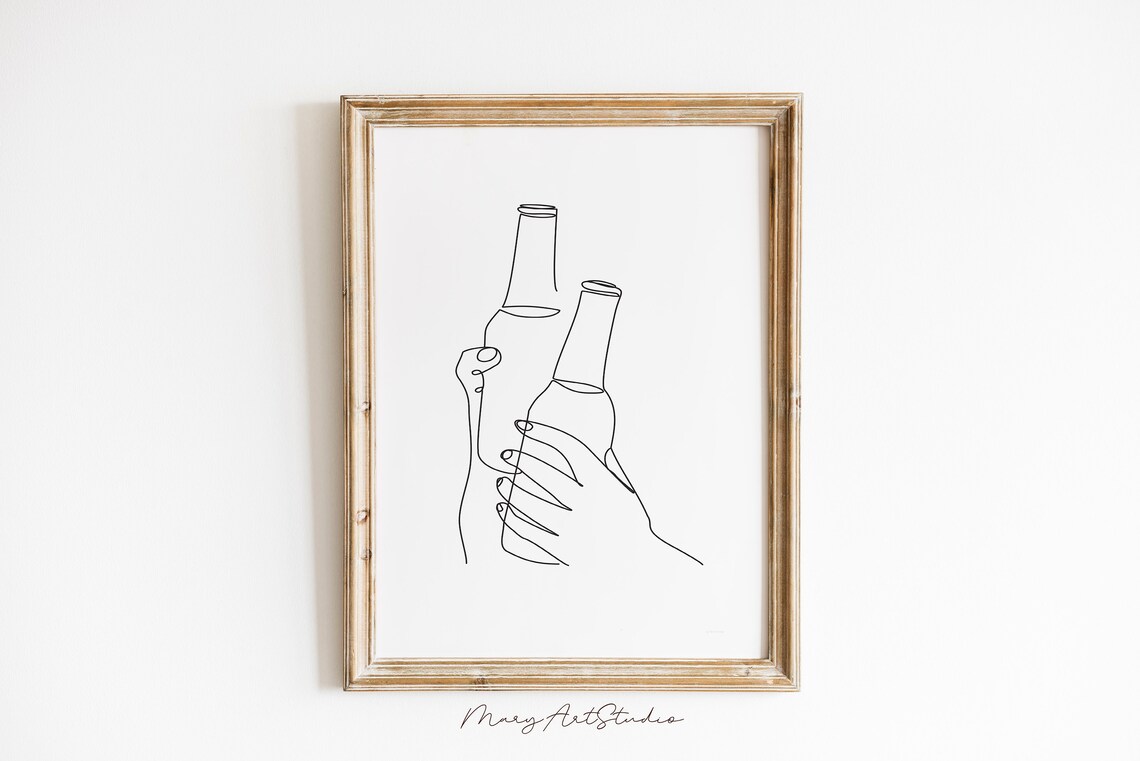 One Line Beer Bottles Hand Drawing Minimalist Bar Cart Kitchen Poster