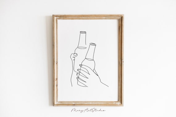 Beer Woman Art Print Hands Holding Beer Line Art Beer Lover Wall Art Friends Drinking Beer Bar Art Print Beer Bottle Line Art Print
