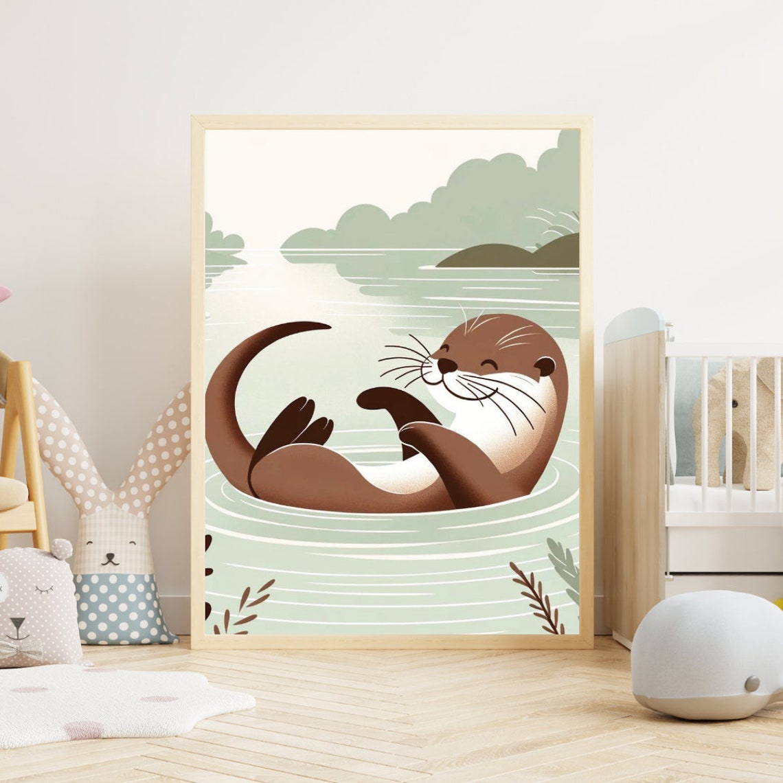 Playful Otter Floating River Nursery Illustration Calm Green Poster - Image 2